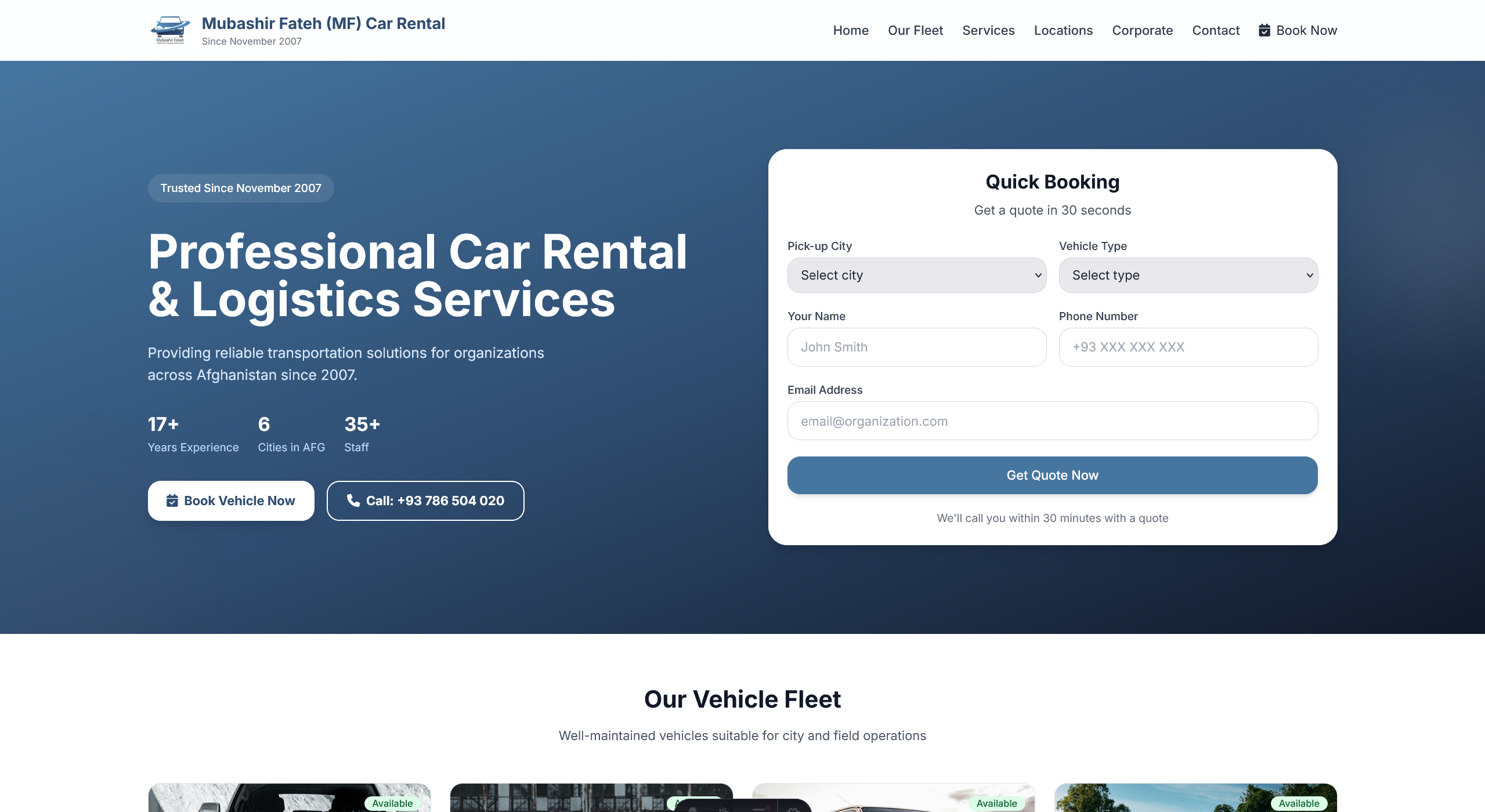 Transportation services platform showcasing fleet information and service management